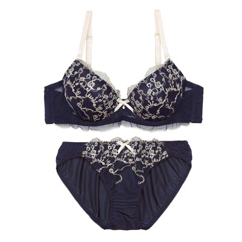 3/20新作!スウィートメロディエンブロイダリーブラジャー&フルバックショーツ[推し][人気](ネイビー-A65/ショーツM)