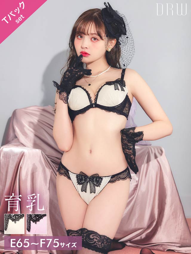 5/1新作!【EFサイズ】【Tバック】リボンノワールレース育乳脇高ブラジャー&バック透けTバックショーツ[推し]