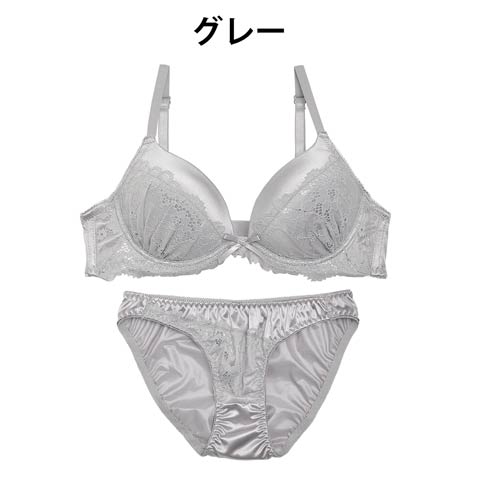 シンプルサテンレースブラジャー&フルバックショーツ(グレー-B65/ショーツM)