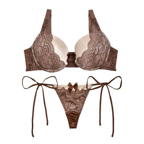 【EFサイズ】フェロモンフラワーレースブラジャー＆サイド紐Tバックショーツ(ブラウン-E70/ショーツM)