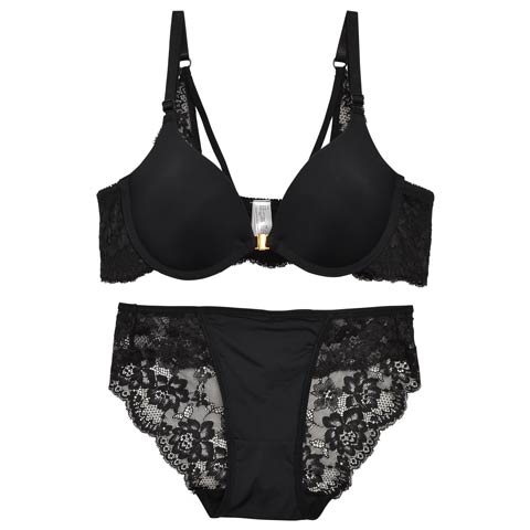 フロントホックワンカラーバックシャンブラジャー&バック透けフルバックショーツ[プチプラ](ブラック-A65/ショーツM)