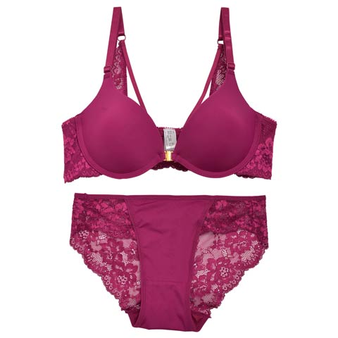 フロントホックワンカラーバックシャンブラジャー&バック透けフルバックショーツ[プチプラ](ローズ-A65/ショーツM)