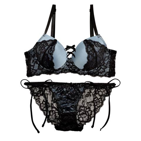 【三上悠亜着用】ラグジュアリーリボンレース育乳脇高ブラジャー&サイド紐バック透けフルバックショーツ(ブルー-A65/ショーツM)