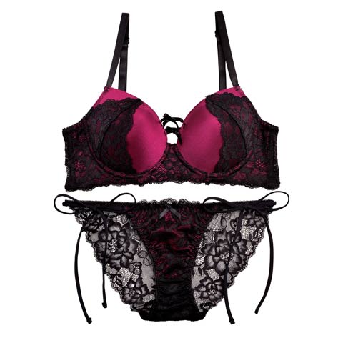 【三上悠亜着用】【EFサイズ】ラグジュアリーリボンレース育乳脇高ブラジャー&サイド紐バック透けフルバックショーツ(ワインレッド-E65/ショーツM)