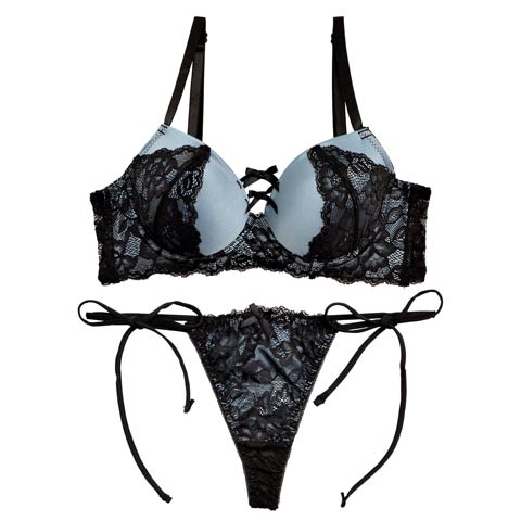 【三上悠亜着用】【GHサイズ】ラグジュアリーリボンレース育乳脇高ブラジャー&サイド紐バック透けTバックショーツ(ブルー-G65/ショーツM)