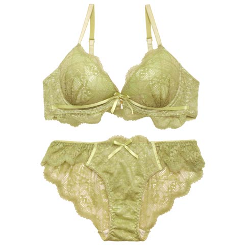 3/24再販!レーシィスカラップブラジャー&バック透けフルバックショーツ[推し][人気](グリーン-A65/ショーツM)