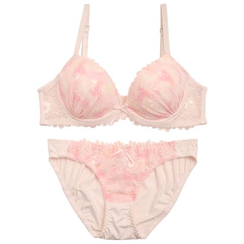 フェミニンマーブルレースブラジャー&フルバックショーツ(ピンク-A65/ショーツM)