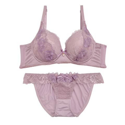 【EFサイズ】エーデルレースフラワー育乳脇高ブラジャー&フルバックショーツ(パープル-E65/ショーツM)