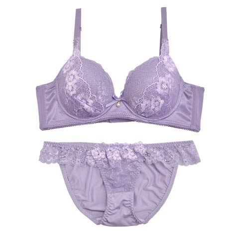 【EFサイズ】エーデルレースフラワー育乳脇高ブラジャー&フルバックショーツ(ブルーグレー-E65/ショーツM)