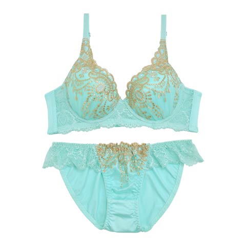 フェミニンダマスクレース育乳脇高ブラジャー&フルバックショーツ[プチプラ](ミント-A65/ショーツM)