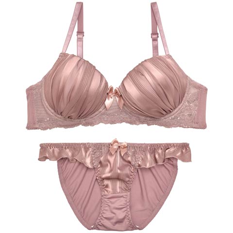 【ノンワイヤー】プリーツサテンフリルブラジャー&フルバックショーツ(ピンク-A65/ショーツM)