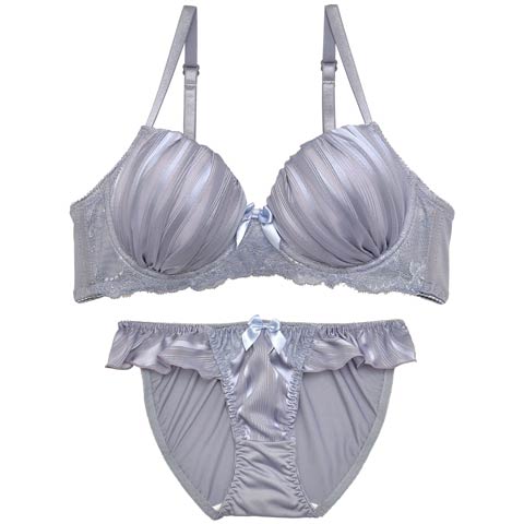 【ノンワイヤー】プリーツサテンフリルブラジャー&フルバックショーツ(ブルー-A65/ショーツM)