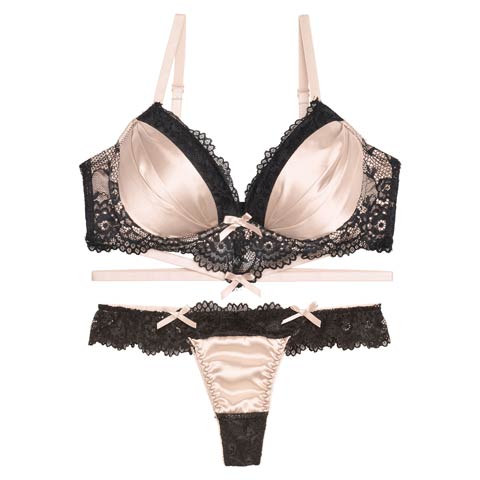 12/6再販!【GHサイズ】【Tバック】ラブリーサテンリボンコードブラジャー&バック透けTバックショーツ[推し](シャンパンゴールド-G65/ショーツM)