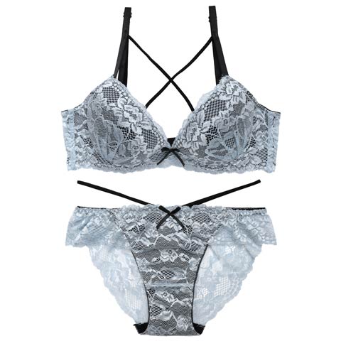 3/3再販!レーシィブルームコード育乳ブラジャー&バック透けフルバックショーツ[推し][人気](ブルー-A65/ショーツM)