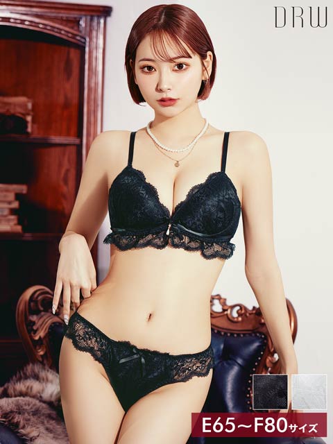 11/5再販!【EFサイズ】レーシィリボンスカラップブラジャー&バック透けフルバックショーツ[推し]