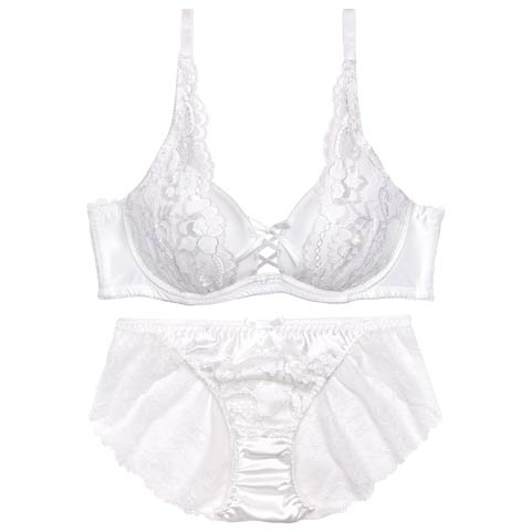 【EFサイズ】レースアップリボンブルーム育乳脇高ブラジャー&バック透けフルバックショーツ [推し](ホワイト-E65/ショーツM)