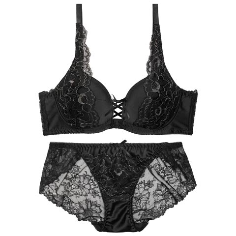 【EFサイズ】レースアップリボンブルーム育乳脇高ブラジャー&バック透けフルバックショーツ [推し](ブラック-E65/ショーツM)