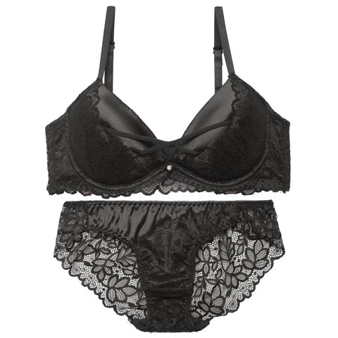 【EFサイズ】トゥインクルサテンコードブラジャー&バック透けフルバックショーツ[推し](ブラック-E65/ショーツM)