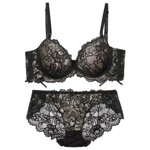 【EFサイズ】ルミナスフラワーレースアップ育乳脇高ブラジャー&バック透けフルバックショーツ[推し](シャンパンゴールド-E65/ショーツM)