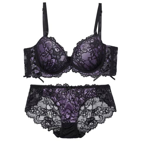 【EFサイズ】ルミナスフラワーレースアップ育乳脇高ブラジャー&バック透けフルバックショーツ[推し](パープル-E65/ショーツM)