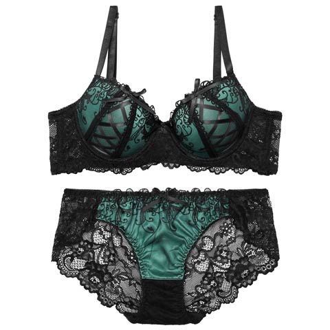 【EFサイズ】ゴシックスピンドルリボン育乳脇高ブラジャー&バック透けフルバックショーツ[推し](グリーン-E65/ショーツM)
