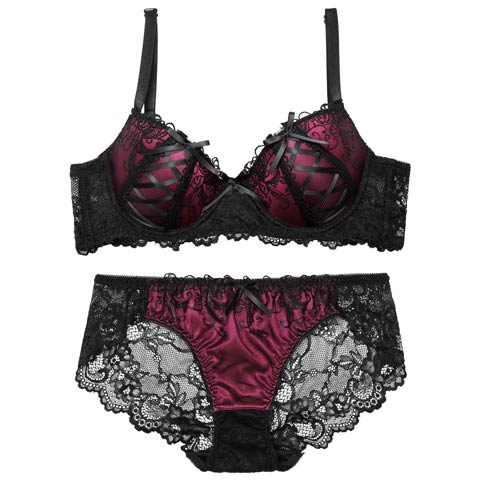 【EFサイズ】ゴシックスピンドルリボン育乳脇高ブラジャー&バック透けフルバックショーツ[推し](ローズピンク-E65/ショーツM)