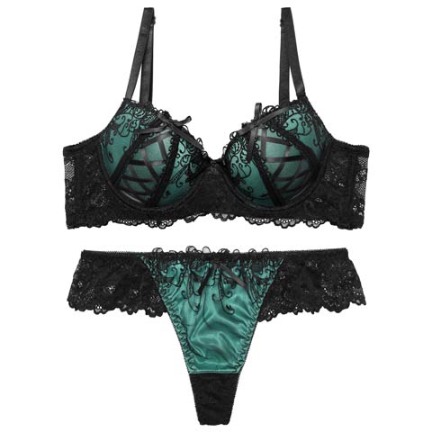 【EFサイズ】ゴシックスピンドルリボン育乳脇高ブラジャー&バック透けTバックショーツ[推し](グリーン-E65/ショーツM)