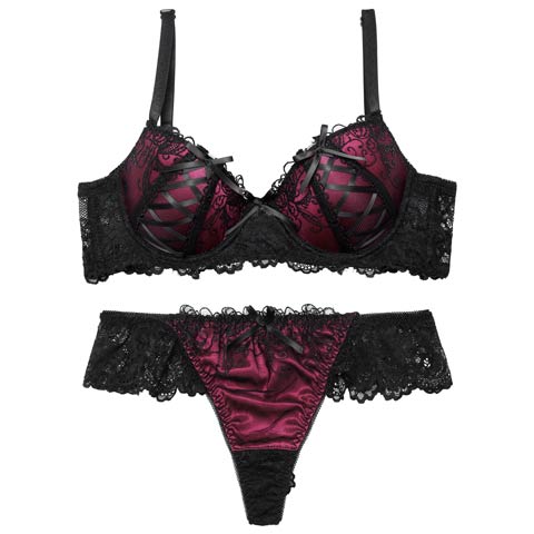 【EFサイズ】ゴシックスピンドルリボン育乳脇高ブラジャー&バック透けTバックショーツ[推し](ローズピンク-E65/ショーツM)