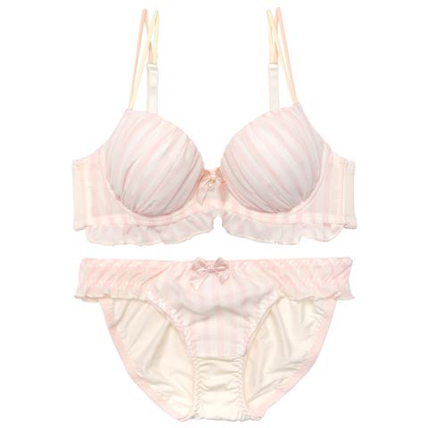 【EFサイズ】キャンディーストライプフリルブラジャー&フルバックショーツ[推し](ピンク-E65/ショーツM)