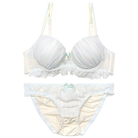 【EFサイズ】キャンディーストライプフリルブラジャー&フルバックショーツ[推し](サックス-E65/ショーツM)