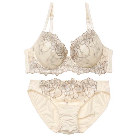 【EFサイズ】チュールフラワーチャーム育乳ブラジャー&フルバックショーツ[推し](アイボリー-E65/ショーツM)