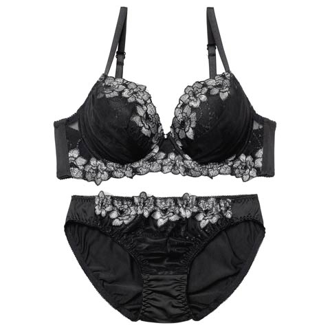 【EFサイズ】チュールフラワーチャーム育乳ブラジャー&フルバックショーツ[推し](ブラック-E65/ショーツM)