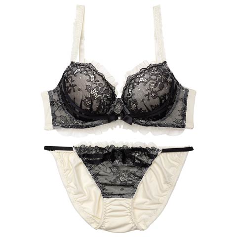 ダスティゴシックフリルチュール育乳脇高ブラジャー&フルバックショーツ[推し][人気](アイボリー-A65/ショーツM)