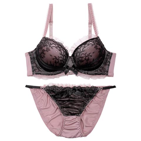 ダスティゴシックフリルチュール育乳脇高ブラジャー&フルバックショーツ[推し][人気](ピンク-A65/ショーツM)