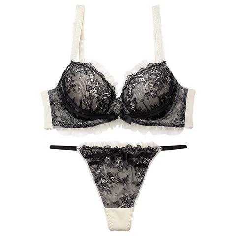 【Tバック】ダスティゴシックフリルチュール育乳脇高ブラジャー&Tバックショーツ[推し][人気](アイボリー-A65/ショーツM)