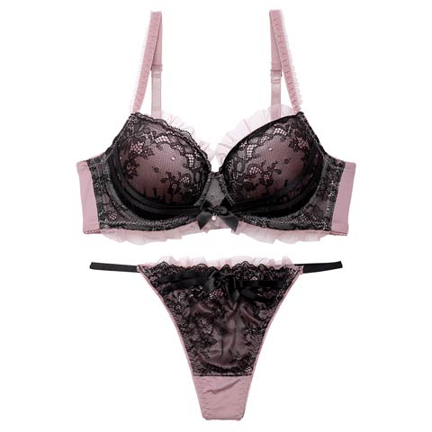 【Tバック】ダスティゴシックフリルチュール育乳脇高ブラジャー&Tバックショーツ[推し][人気](ピンク-A65/ショーツM)