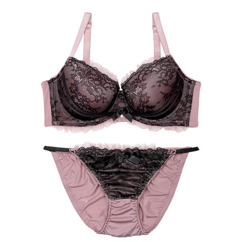 【EFサイズ】ダスティゴシックフリルチュール育乳脇高ブラジャー&フルバックショーツ[推し](ピンク-E65/ショーツM)