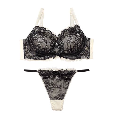 【EFサイズ】【Tバック】ダスティゴシックフリルチュール育乳脇高ブラジャー&Tバックショーツ[推し](アイボリー-E65/ショーツM)