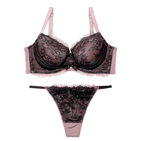 【EFサイズ】【Tバック】ダスティゴシックフリルチュール育乳脇高ブラジャー&Tバックショーツ[推し](ピンク-E65/ショーツM)