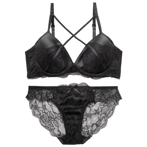 【EFサイズ】【三上悠亜着用】ダスティーサテンクロスレーシィブラジャー&バック透けフルバックショーツ[推し](ブラック-E65/ショーツM)