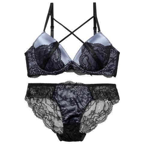 【EFサイズ】【三上悠亜着用】ダスティーサテンクロスレーシィブラジャー&バック透けフルバックショーツ[推し](ブルー-E65/ショーツM)