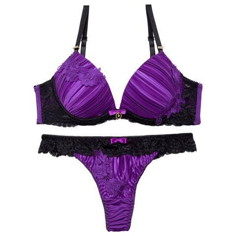 【Tバック】ジュエリーフラワープリーツブラジャー&Tバックショーツ[推し][人気](パープル-A65/ショーツM)