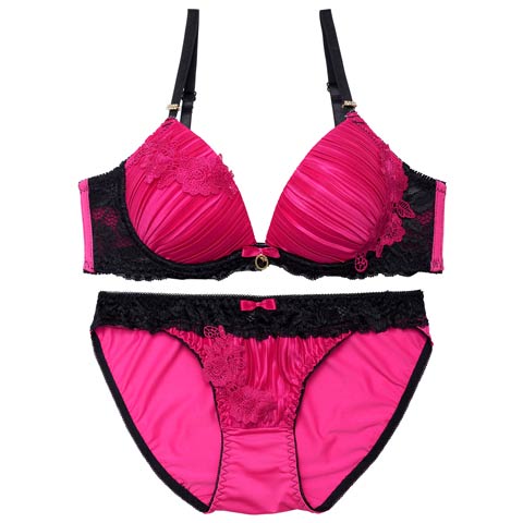 11/13再販!【EFサイズ】ジュエリーフラワープリーツブラジャー&フルバックショーツ[推し](ローズピンク-E65/ショーツM)