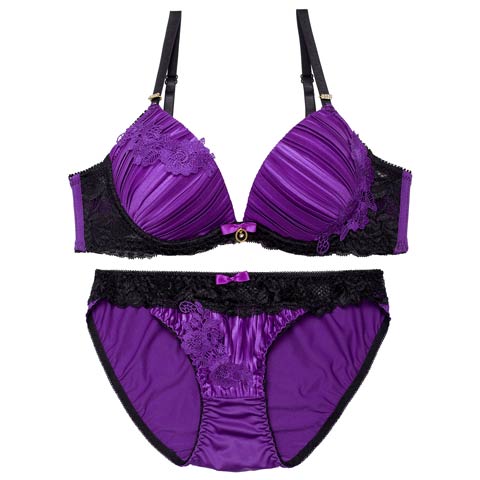 11/13再販!【EFサイズ】ジュエリーフラワープリーツブラジャー&フルバックショーツ[推し](パープル-E65/ショーツM)