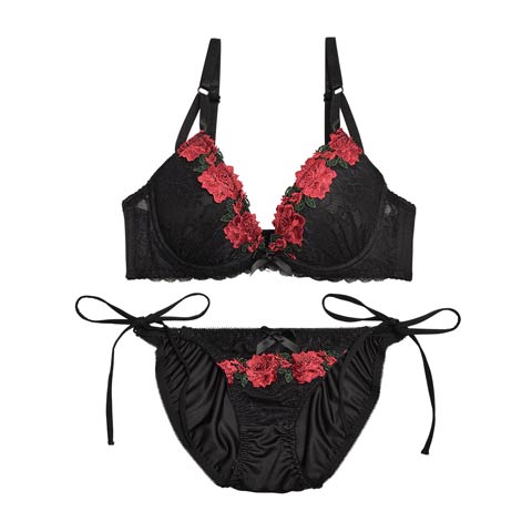 【三上悠亜ちゃん着用】ディープローズブラジャー&サイド紐フルバックショーツ[1250DRW](ブラック-A70/ショーツM)