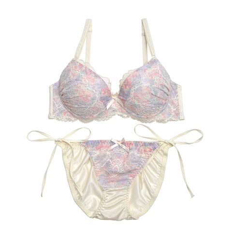 【三上悠亜ちゃん着用】ビビッドプリントオンレースブラジャー&サイド紐フルバックショーツ[1250DRW](クリーム-A70/ショーツM)