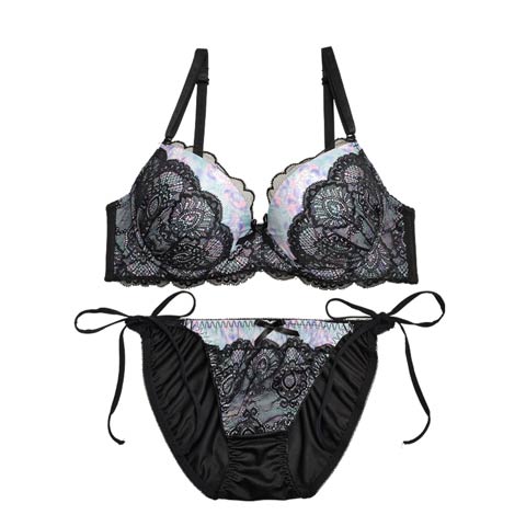 【三上悠亜ちゃん着用】ビビッドプリントオンレースブラジャー&サイド紐フルバックショーツ[1250DRW](ブラック-A70/ショーツM)