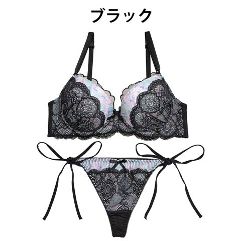 【三上悠亜ちゃん着用】ビビッドプリントオンレースブラジャー&サイド紐Tバックショーツ[プチプラ](ブラック-A70/ショーツM)