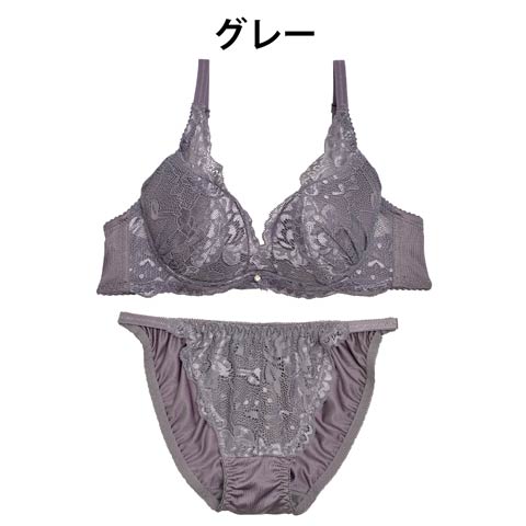 【ノンワイヤー】リッチディープレースブラジャー&フルバックショーツ[1250DRW](グレー-M/ショーツM)