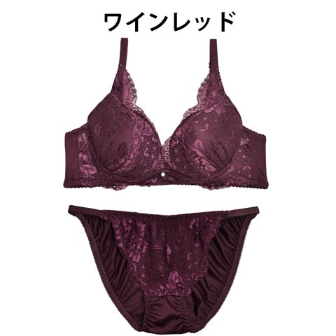 【ノンワイヤー】リッチディープレースブラジャー&フルバックショーツ[1250DRW](ワインレッド-M/ショーツM)
